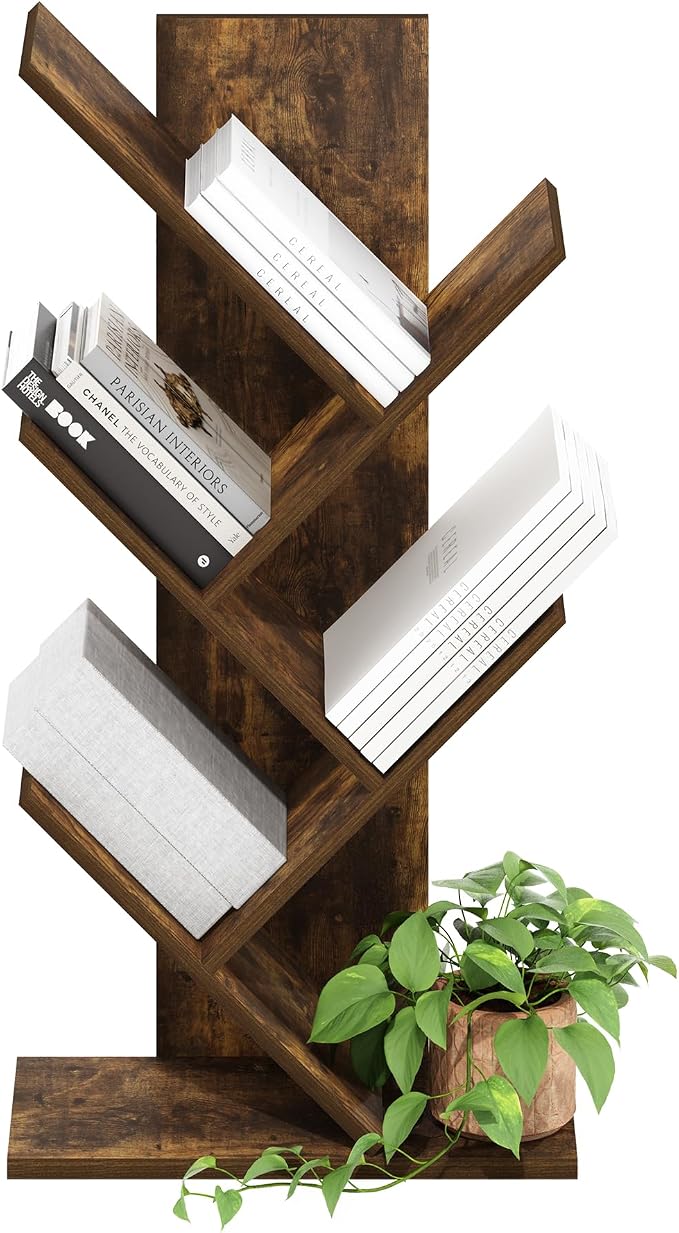 Furinno Tree Book Shelf, 5-Tier Bookshelf with Angled Open Shelf, Tree Bookcase for Room Decor, 8.4 x 15.7 x 30.3, for Organization and Storage, for Living Room, Bedroom, Home Office, Amber Pine