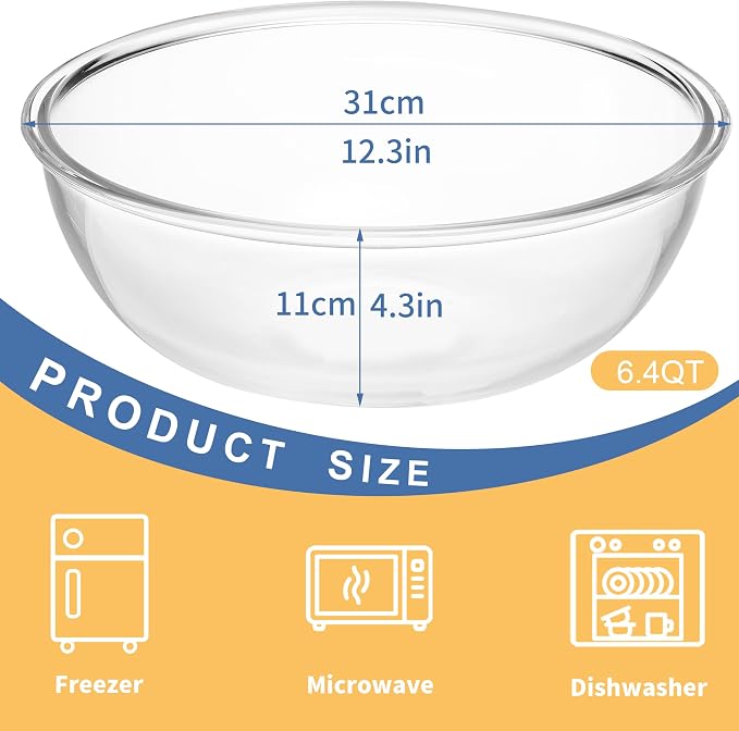 6.5Qt Extra Large Glass Mixing Bowls, Clear Large Salad Bowls,Thickened Glass Big Mixing Bowls Salad Bowls Cooking Bowl for Kitchen Prepping Storing Baking Serving, Fruit, Snacks, Borosilicate Glass