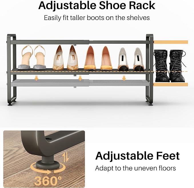SNTD Shoe Rack - Expandable Shoe Organizer for Closet, Adjustable Metal Shoe Shelf Storage, Stackable Long Shoe Stand Holder for Garage, Entryway, Door Entrance (Grey, 2-Tier)