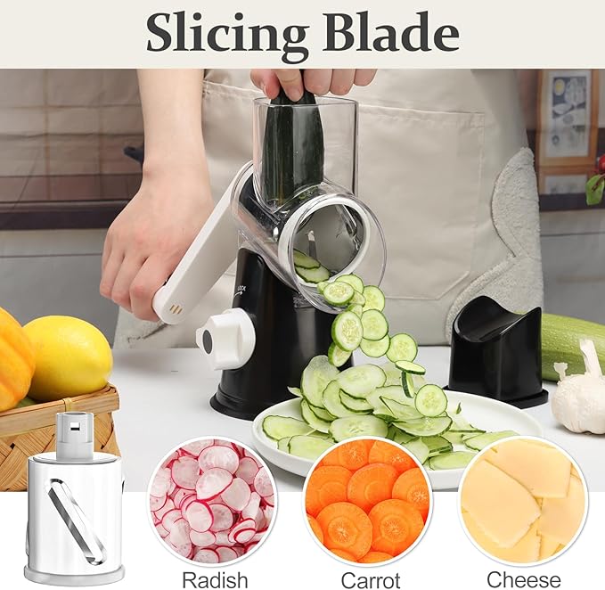 Cambom Rotary Cheese Grater Hand Crank Cheese Shredder for Fresh Cheese, Vegetable, Nuts,Non-slip Suction Base, Five Blades, Black