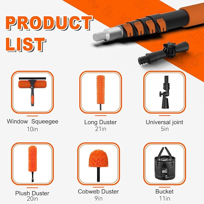 SISUPASSIE 36FT Reach High Ceiling Duster Kit, Window Cleaning kit with 7-30FT Extension Pole, Fan Duster for Ceiling Fan Blades, Microfiber Feather Duster, Window Squeegee, Bucket and Cobweb Duster