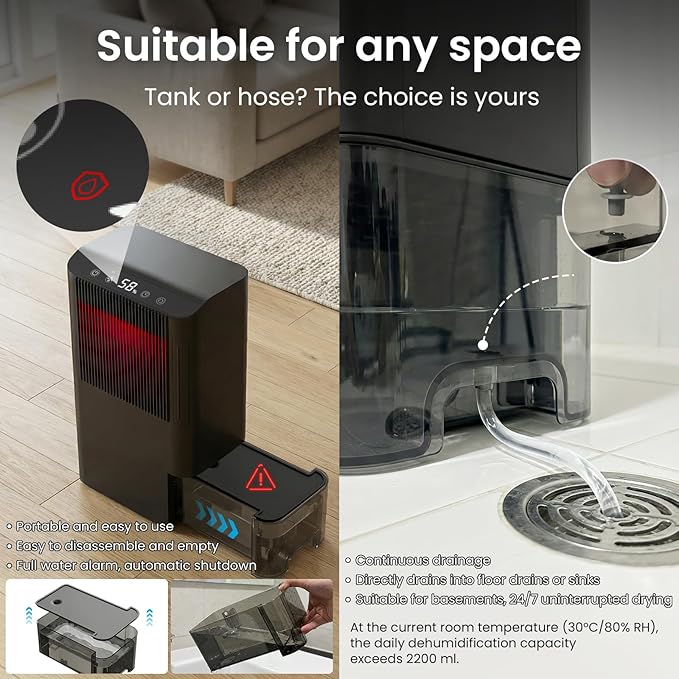 Dehumidifier, Dehumidifier for Basement with Drain Hose/Humidity Display/85 OZ Water Tank/Auto Shut Off/Washable Filter/7-Color Lights, Home Dehumidifier for Bathroom, Bedroom, Closet, RV