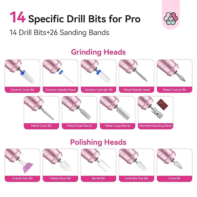 SAVILAND Professional Nail Drill 40000 RPM: Portable Electric Nail Drill Kit File Machine with Ceramic Nail Bit Sanding Bands for Quick Acrylic Removal Manicure Salon Home Use, Pink Diamond