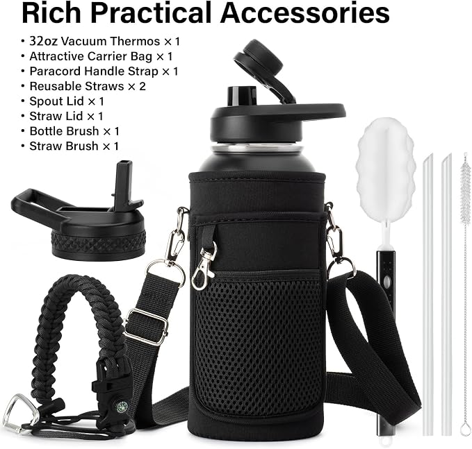 DYSANKY Insulated Water Bottle | Thickened Stainless Steel Vacuum Metal | Portable Sports Water Jug for Gym and Hiking with Straw, Carrier Bag, Handle Strap | BPA-Free 32 oz