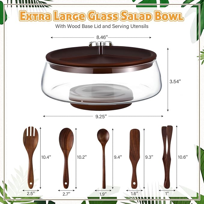 Hushee Large Glass Salad Bowl Set, Party Salad Bowl with Wood Base and Lid as Cheese Charcuterie Board and Plate, Comes with 5 Pieces of Elegant Wood Serving Utensils