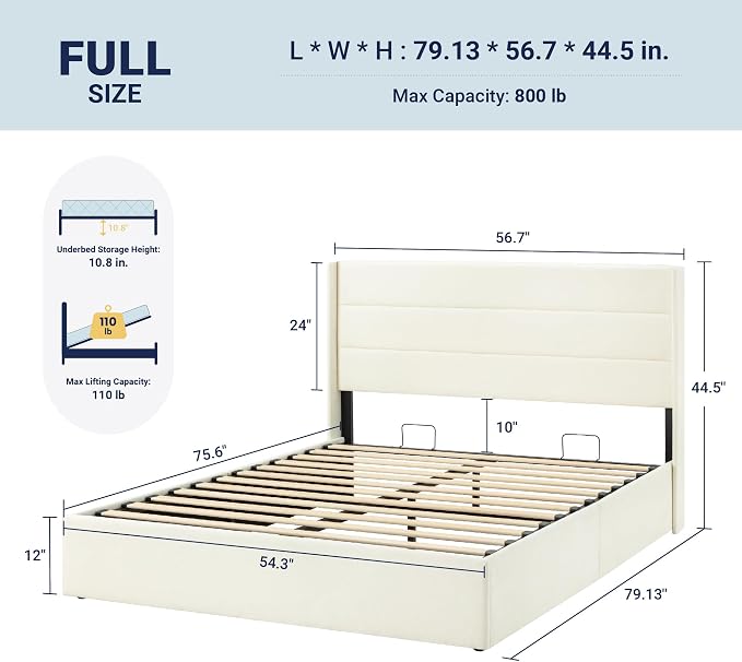 Allewie Full Size Chenille Lift Up Hydraulic Storage Bed Frame Cream White | Chenille Fabric Upholstered, Modern Wingback Headboard, Hydraulic Support Storage, No Box Spring Needed