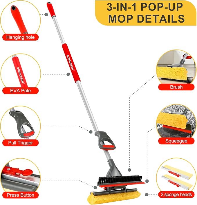 Sponge Mop for Floor Cleaning, Home Commercial Pop-up Cellulose Sponge Roller Mop with 2 Refill Heads, Includes Squeegee and Brush for Hardwood Tile Concrete Bathroom Kitchen Wall Ceiling
