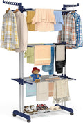 Bigzzia Clothes Drying Rack Folding with Wheels Drying Rack Clothing Clothes Horses Rack Stainless Steel Laundry Drying Rack with Two Side Wings 4 Tier Upgraded Grey Blue