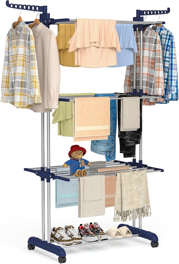 Bigzzia Clothes Drying Rack Folding with Wheels Drying Rack Clothing Clothes Horses Rack Stainless Steel Laundry Drying Rack with Two Side Wings 4 Tier Upgraded Grey Blue