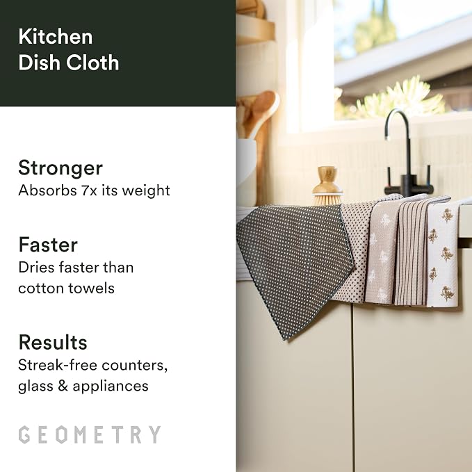 GEOMETRY Dishcloth – Evergreen Collection – Quick-Dry, Ultra-Absorbent, Reusable Microfiber Kitchen Towels for Drying & Cleaning - Willow Stone - 6 Pieces