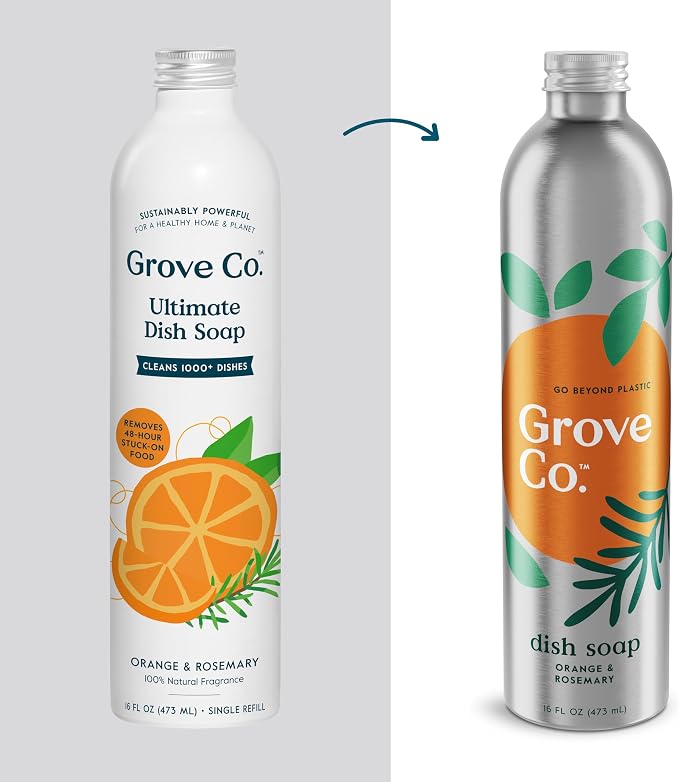 Grove Co. Ultimate Dish Soap Refill Set - 3 Liquid Pouches (16 Fl Oz) & Refillable Glass Dispenser with Non-Slip Silicone Sleeve for Kitchen Sink, Orange & Rosemary