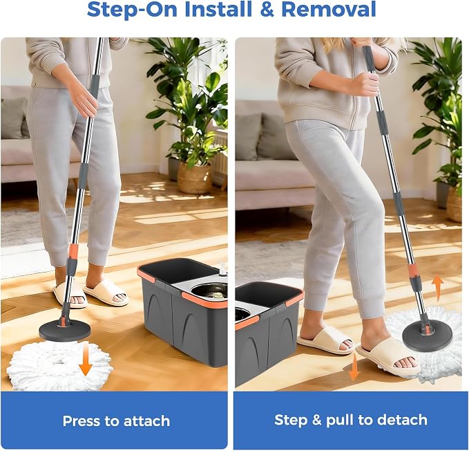 YASHE Foldable Spin Mop and Bucket System, Dual-Bucket Cleaning & Stainless Steel Wringing, Collapsible Storage with Detergent Bottle, 2 Reusable Microfiber Mop Heads for Floor Cleaning