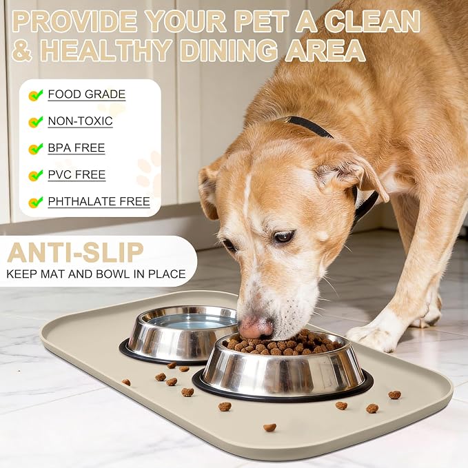 SMILOOL Waterproof Silicone Pet Food Mat with Raised Edge for Dog & Cat | 19" x 12" Non-Slip Pet Feeding Mats with Lip for Food & Water Bowl, Food Grade, Easy Cleaning, Beige
