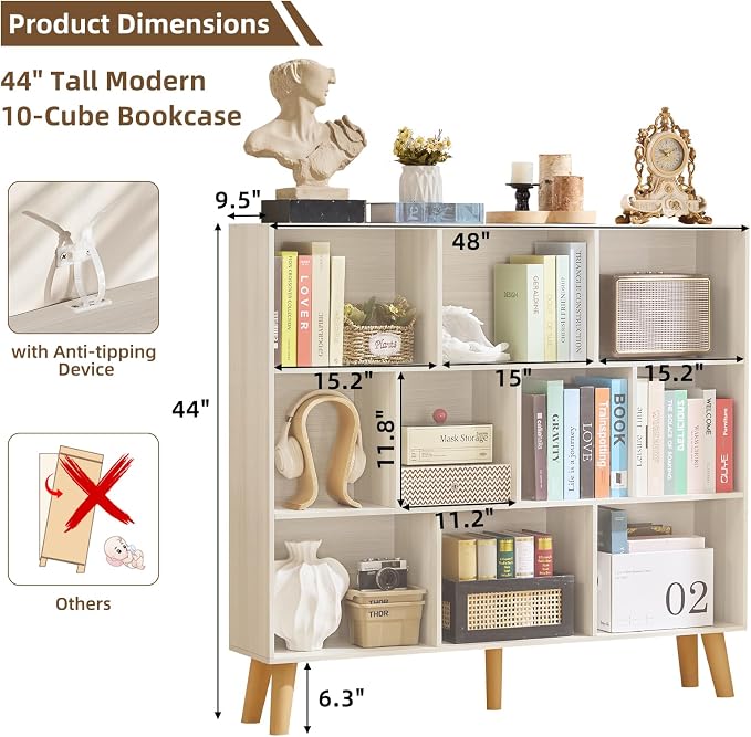 LEYAOYAO 10 Cube Bookshelf,Mid-Century Modern Bookcase with Legs,Light Grey | 3 Tier Book Shelf,Rustic Wood Bookshelves Freestanding Large Storage Organizer, Open Shelves for Bedroom, Living Room, Office