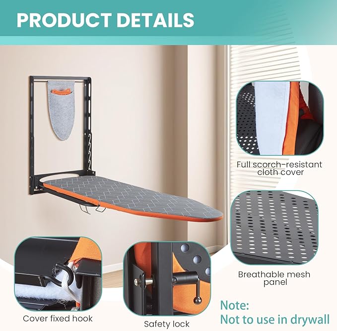 Seiritex Wall Mounted Ironing Board with Iron Holder, 42x14 Compact Mount Foldable Ironing Board for Small Spaces, Space Saving with Cotton Fabric Cover and Silicone Iron Rest