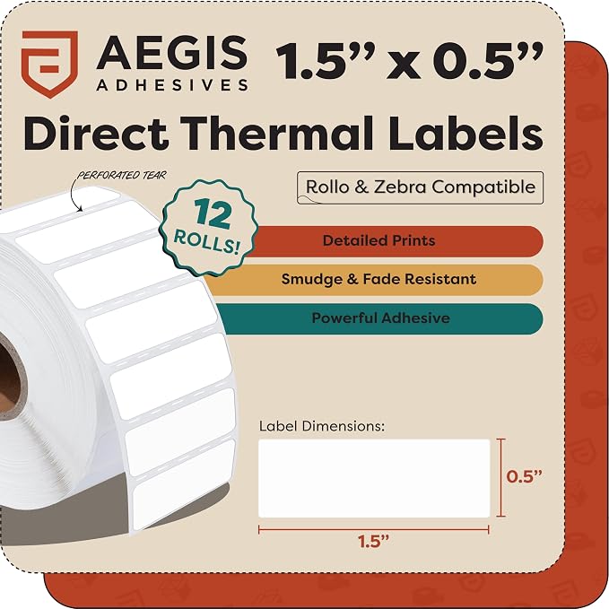 Aegis Adhesives - 1.5" X 0.5" Direct Thermal Labels (28200 Count, 12 Rolls) - Barcode Stickers, File Folder Labels, Shelf Edge Identification - Compatible with Zebra Printers, NOT Rollo Compatible