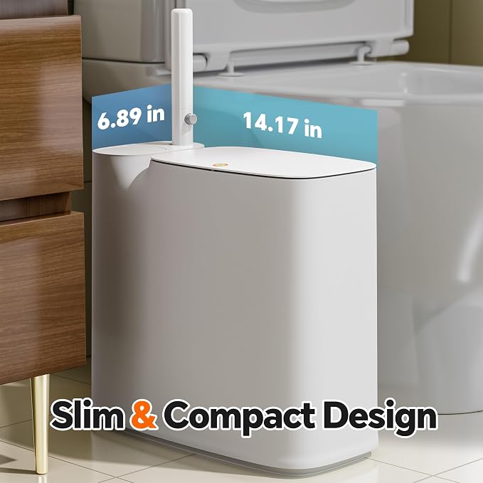 Small Bathroom Trash Can with Lid, Disposable Toilet Brush with 12 Refills, Toilet Bowl Cleaning Wand Set-2 Gallon Silm Garbage can and Toilet Brush Holder for Bathroom, Toilet, RV(White)