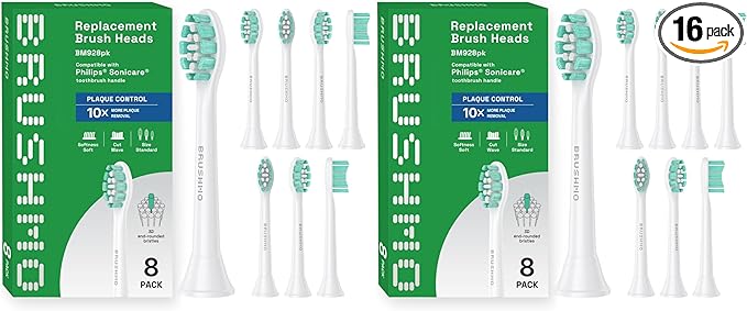 Brushmo Plaque Control Replacement Toothbrush Heads, Compatible with Philips Sonicare Click-on Electric Toothbrush Handles, 8 Standard Replacement Heads, Soft Dupont Bristles, BM928, White (Pack of 2)