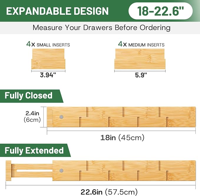 kiplant Kitchen Drawer Dividers - Adjustable Drawer Organizer for Clothes, Kitchen, Closet & Office - 4 Pack with Inserts, 18-22.6 Inches, Non-Slip Silicone Ends