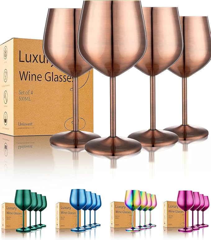 UNISWEET Unbreakable Stainless Steel Wine Glasses Set of 4, Red Copper | 17oz Unique Fancy Metal Wine Goblets, Shatterproof, Ideal for Outdoor, Camping, Travel, Pool, Great Gift for Wine Lovers