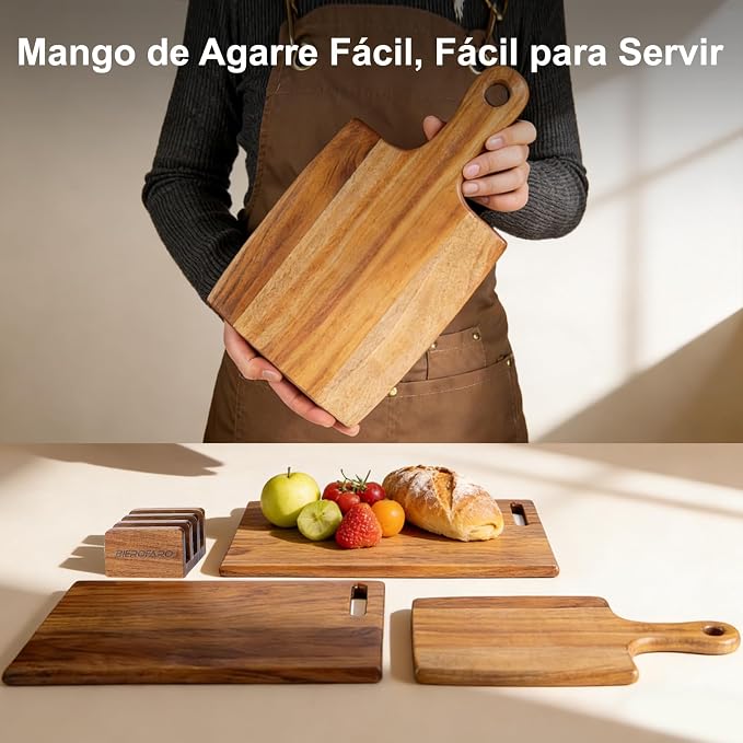 Acacia Wood Cutting Board Set of 3 with Stand, Multi-Size Wooden Chopping Boards for Kitchen Food Prep, Charcuterie, Cheese and Serving, Space-Saving Storage
