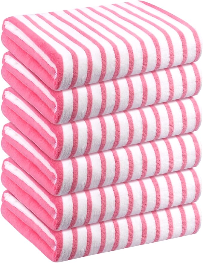 JML Microfiber Bath Towel Set, Cabana Stripe Pink, 30" x 60", 6 Pack | Hanging Loop, Soft, Absorbent & Quick Dry, Lint Free, Fade Resistant, for Summer Swimming Pool Party, Beach Travel