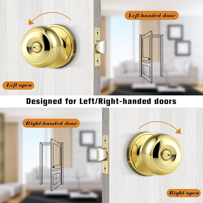 Probrico Polished Brass Privacy Interior Door Knob Bed and Bath Keyless Door Lockset, 1 Pack