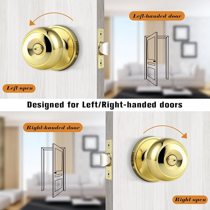 Probrico Polished Brass Privacy Interior Door Knobs Bed and Bath Keyless Door Locksets, 5 Pack