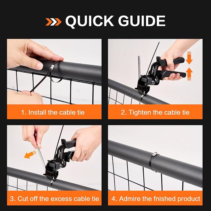 Stainless Steel Cable Tie Gun Kit：With 300pcs Uv Resistant Black Metal Zip Ties Heavy Duty Outdoor (150 Each of 8, 12 Inch) Adjustable Fastening Cutting Tie Tool Sets，for Chainlink Fence，Exhaust Wrap