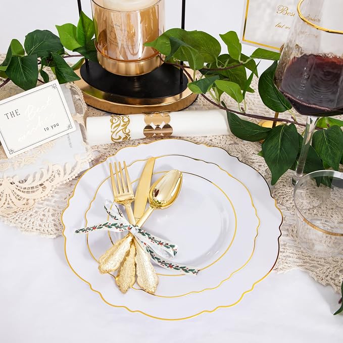 WDF Partyware 350 Pieces Gold Disposable Plates for 50 Guests, Plastic Plates for Party, Dinnerware Set of 50 Dinner Plates, 50 Salad Plate, 50 Spoons, 50 Forks, 50 Knives, 50 Cups for Wedding/Party