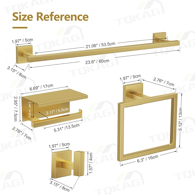 TQKAG 5-Pieces Brushed Gold Bathroom Hardware Accessories Set 23.6" SUS304 Stainless Steel Towel Bar Set Wall Mounted Square Toilet Paper Holder with Shelf