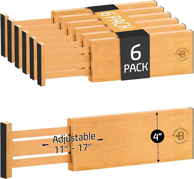 6 Pack Bamboo Drawer Dividers - 4 Inch High, Adjustable 11.5 to 17 Inch Expandable Kitchen Drawer Organizer, Spring Loaded Dresser Separator for Utensils, Clothes, Bedroom, Bathroom, Nursery, Office