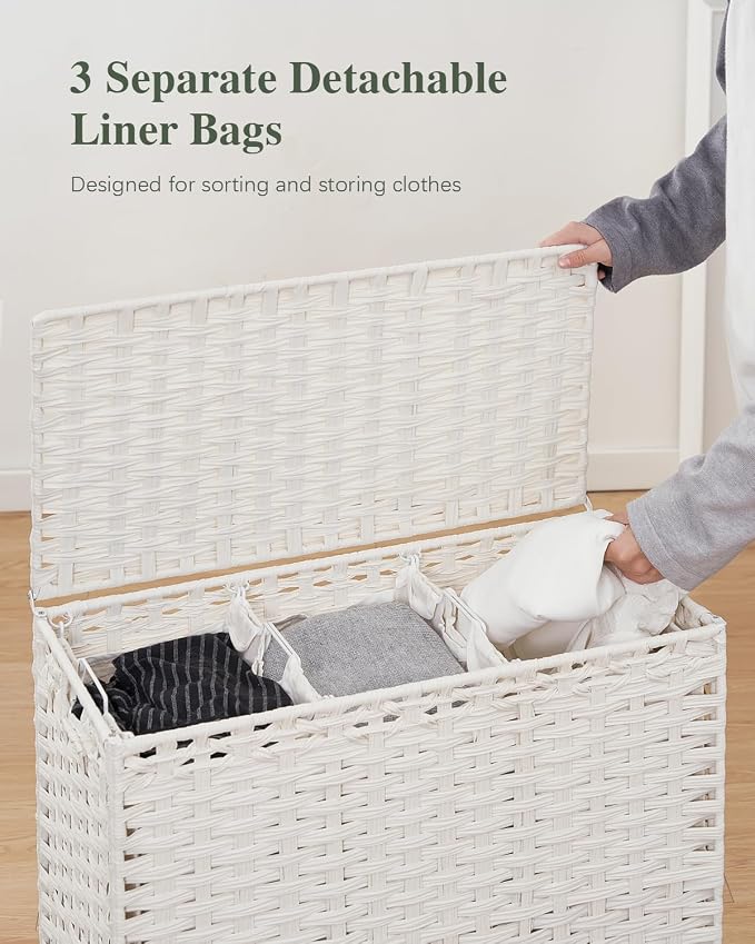 SETVSON Laundry Hamper with Lid, Large 132L Rattan Basket, White | 3-Section Large 35 Gal Clothes Hamper, 3 Removable Bags, Heightened Metal Feet, 6 Mesh Laundry Bags, Steel Frame