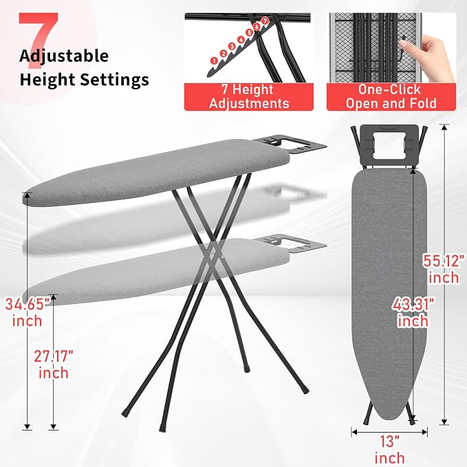 Ironing Board, 43"×13" with Iron Rest, Sturdy & 7 Adjustable Height | Iron Board with 3 Layer Heat Resistant Cover and Pad for Home Apartment Dorm Laundry Room, Gray