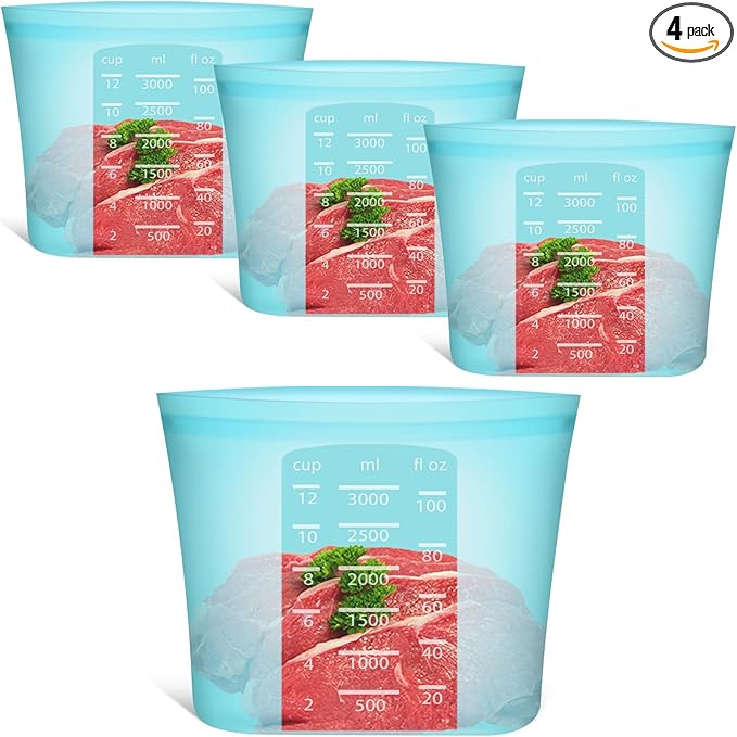 Reusable Food Storage Bags Extra Large, 0.8 Gallon/101 fl.oz/3000 ml, 4 Pack 100% Silicone Food Storage Bags Stand-Up Wide-Mouth Zip-Lock for Large Items, Freezer Microwave Oven Dishwasher Safe, Blue