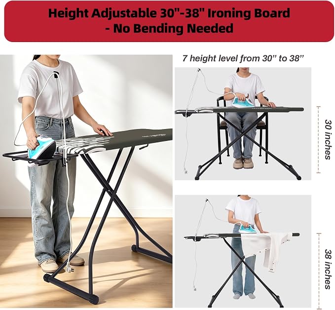 Extra Large Ironing Board with Hang Rail and Iron Rest 64" L x 20" W x 38" H (Large with Sliding Iron Rest)