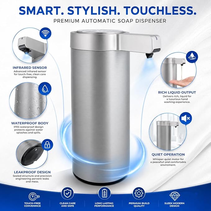 Automatic Soap Dispenser Touchless Liquid Soap Dispenser 9.1 oz/270ml 3-Level Adjustable Stainless Steel 0.2s Fast Sensor USB Type-C Rechargeable Bathroom Kitchen Hotel Hand Soap Dispenser