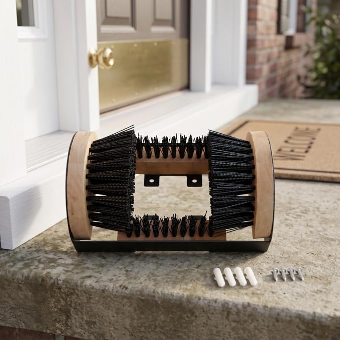 Outdoor Shoe Brush Boot Scrubber Cleaner Wiper with Heavy Duty Fixed Structure and Ebony Base for Tough Mud and Grit Side and Bottom bristles Clean, with Pedal