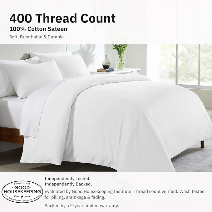 California Design Den 3-Piece Queen Duvet Cover Set Cotton - 400 Thread Count, 100% Cotton Sateen, Soft Queen Bed Duvet Cover Set, Button Closures, Corner Ties, Durable Bedding - Antique White