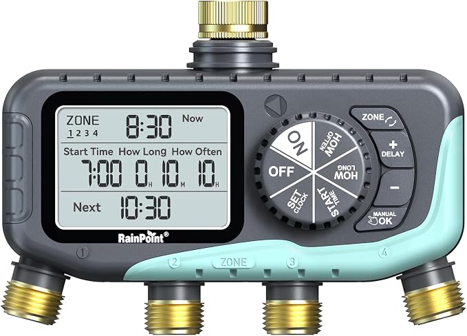 RAINPOINT Sprinkler Timer 4 Zone, Water Timer for Programmable, for Soaker Hose with Rain Delay/Manual/Automatic Watering System, Digital Irrigation for Yard, Lawn