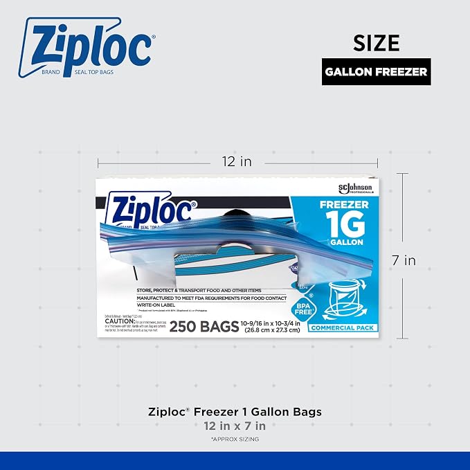 SC Johnson Professional Ziploc Brand Food Storage Freezer Bags, 1 Gallon Freezer Bags, Ziploc Brand Bags, Commercial Pack, 250 Count Box, for Professional Use Only