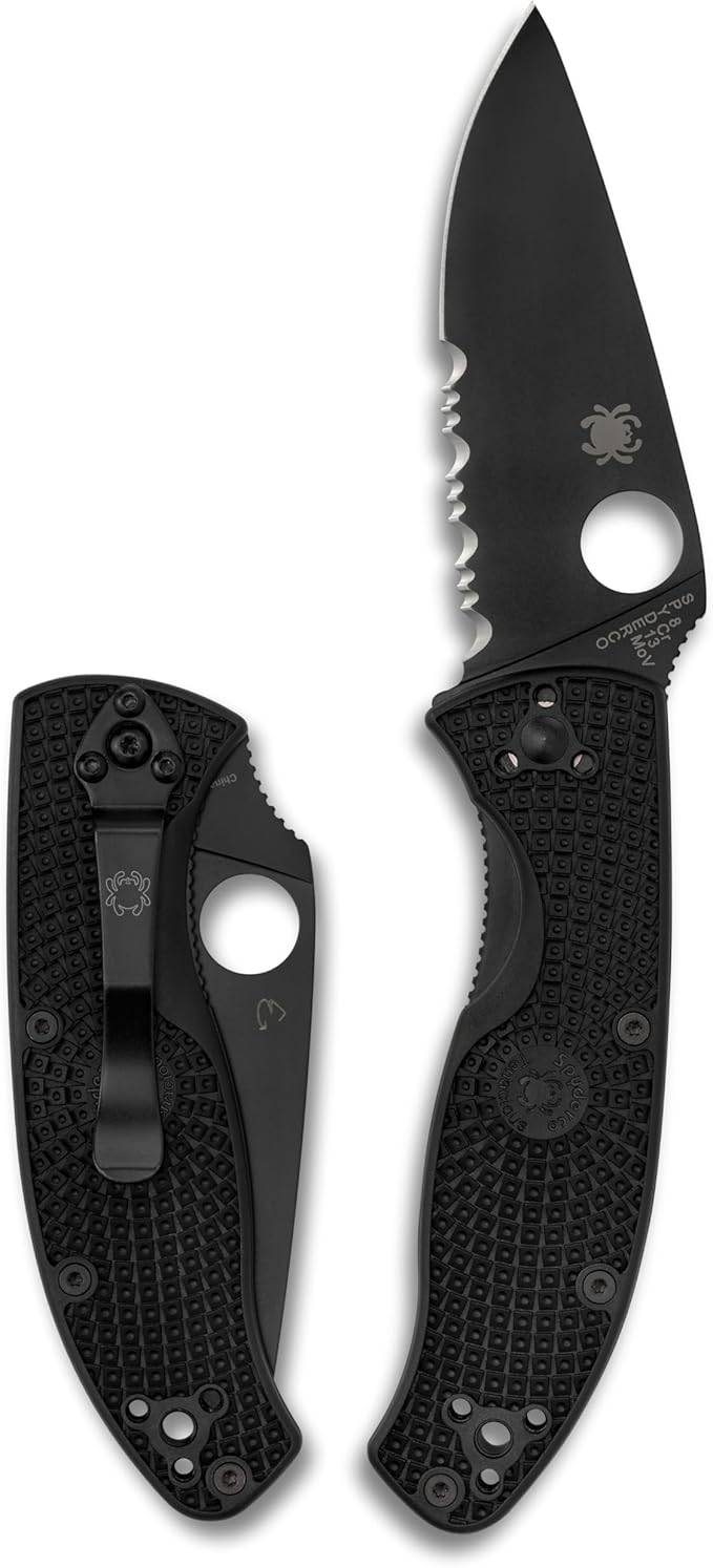 Spyderco Tenacious Lightweight Folding Pocket Knife, CombinationEdge | 7.77" Overall Length, 3.3" 8Cr13MoV Steel Blade, Black, FRN Handle, LinerLock, Full-Flat Grind