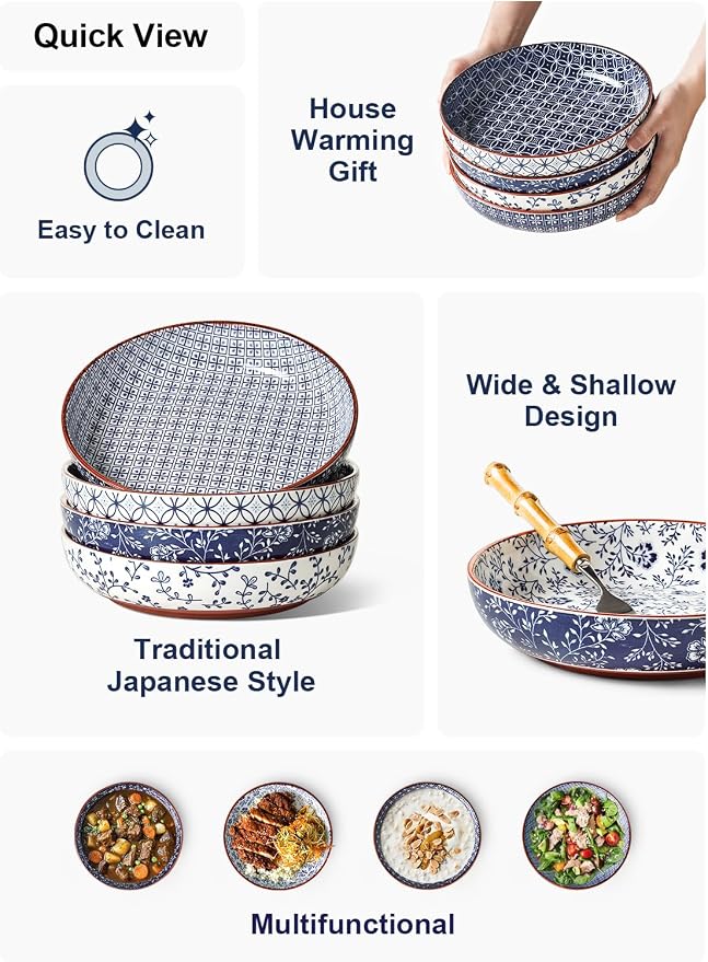 LE TAUCI Pasta Bowl 32 oz, Ceramic Salad Bowl, Japanese-Style Plate Bowls for Serving Pasta, Fruits, Salad, Noodle, Dinner, Soup, Mircrowave Oven Dishwasher Safe - 8.2 Inch, Set of 4, Vintage Blue
