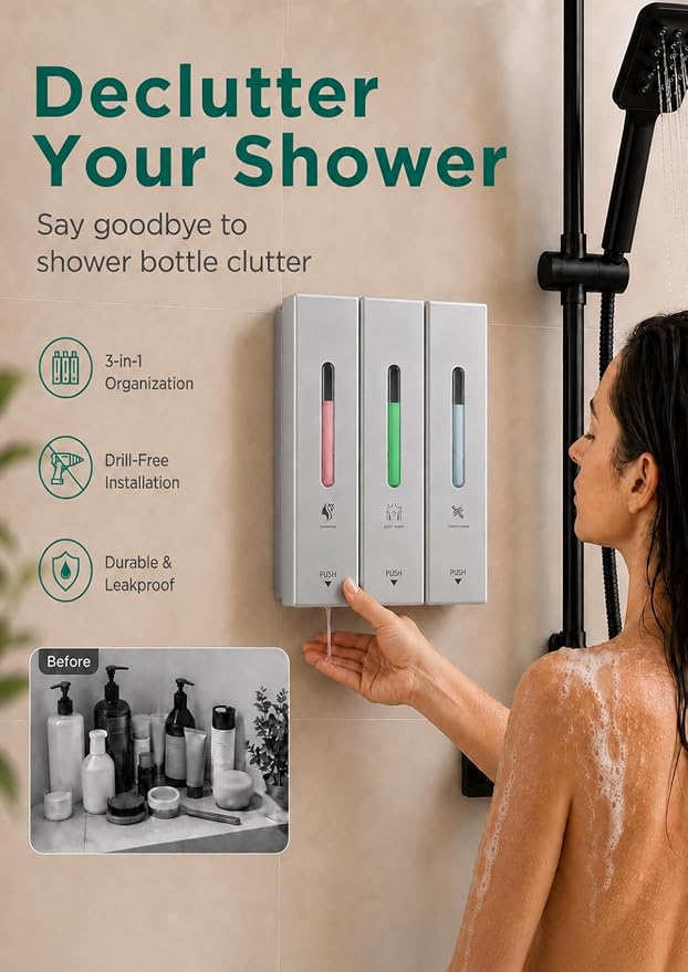 Shampoo and Conditioner Dispenser Wall Mounted, 3-Chamber Shower Soap Dispenser for Bathroom, 1200ML Large Capacity, No-Drill Installation, Clog-Free Pump for Thick Liquids (silver-3-pack)
