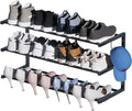 Wall Mounted Shoe Rack, 3 Tier Hanging Shoe Rack Holds 12 Pairs, 17"-30" Adjustable Heavy Duty Metal Shoe Organizer Holder with 2 Storage Hooks, Space Saving for Closet Entryway Doorway（Black