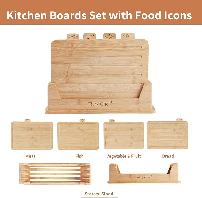 4 Piece Bamboo Cutting Boards with Food Icons & Stand, 14.56"L x 11"W | Thick & Durable, Deep Juice Groove, Non Toxic Real Wood, knife-friendly, Chopping Boards Set of 4 with Sturdy Holder