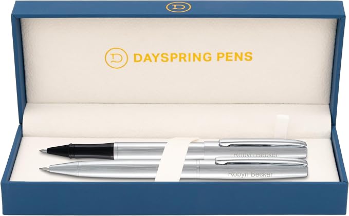 Dayspring Pens Richmond Engraved Capped Rollerball Pen and 0.7mm Pencil Set, Polished Chrome, Personalized Gift for Graduation, Career Advancement, New Job, Birthdays, Gift Box Included