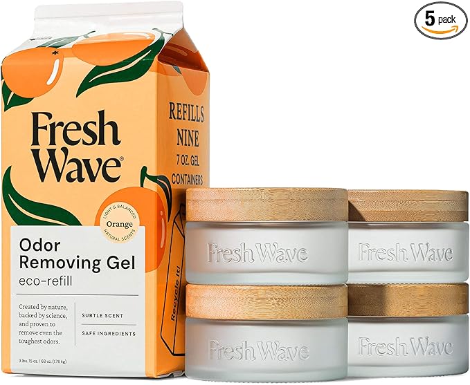 Fresh Wave Odor Removing Gel Eco-Refill, 63 oz. Orange Scent | 4 Empty Refillable Glass Jars | 4 Room Set
