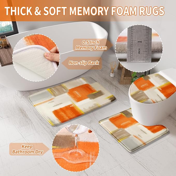 XLHOMO Bathroom Accessories Set - 25PC Bathroom Set with Shower Curtain and Rugs, Orange Bathroom Set, Bathroom Accessory Set with Press-on Lid Trash Can, Soap Dispenser and Qtip Holders for Home