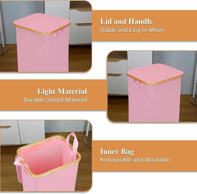 iEGrow Laundry Hamper, Narrow Laundry Basket with Lid,Foldable Clothes Hamper with Bamboo Handles,Hamper Basket with Removable Inner Bag for Laundry Room Bedroom College Dorm (Pink, 110L with Wheels)